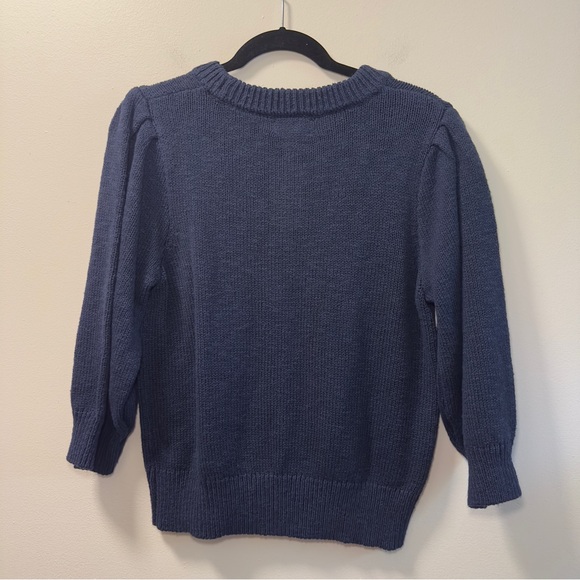 Evereve Women’s Navy Puff Shoulder 3/4 Sleeve Lacey Crewneck Sweater Sz M NWT - Picture 4 of 5